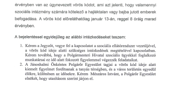 Polgármesteri intézkedés a vörös kód életbe lépésének idejére 